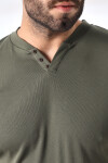 Erkek Haki V Yaka Düğme Detaylı Pamuklu Tişört