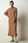 Erkek Camel Dik Yaka Fermuar Detaylı Fitilli Triko Elbise