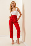 Kadın Kırmızı Kemerli Yüksek Bel Kumaş Pantolon