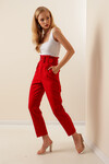 Kadın Kırmızı Kemerli Yüksek Bel Kumaş Pantolon