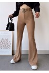 Kadın Camel Yüksek Bel İspanyol Paça Kemerli Pantolon