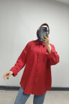 Kadın Kırmızı Düşük Omuz Cepli Oversize Gömlek