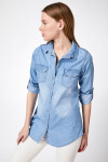 Kadın Mavi Cepli Çıt Çıt Düğmeli Jean Gömlek