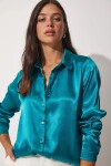 Kadın Petrol Mavisi Dökümlü Viskon Basic Saten Gömlek