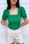 Kadın Yeşil Kare Yaka Kısa Kol Örme Bluz