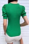 Kadın Yeşil Kare Yaka Kısa Kol Örme Bluz