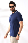Erkek İndigo Polo Yaka Likralı Garnili Pamuklu Tişört
