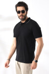 Erkek Siyah Polo Yaka Likralı Garnili Pamuklu Tişört