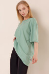 Kadın Açık Yeşil Yuvarlak Yaka Pamuklu Basic Oversize Tişört