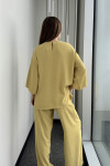 Kadın Hardal Sarısı Krinkıl Salaş Cepli Pantolon Bluz İkili Takım