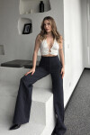 Kadın Lacivert Yüksek Bel Çizgili Pamuklu Salaş Pantolon