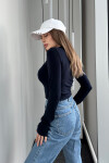 Kadın Lacivert Yuvarlak Yaka Likralı Uzun Kol Body Bluz