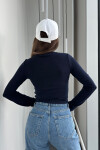 Kadın Lacivert Yuvarlak Yaka Likralı Uzun Kol Body Bluz