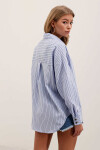 Kadın Mavi Oversize Düşük Omuz Çizgili Basic Gömlek