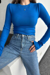 Kadın Saks Mavisi Yuvarlak Yaka Likralı Uzun Kol Body Bluz