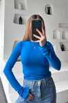 Kadın Saks Mavisi Yuvarlak Yaka Likralı Uzun Kol Body Bluz