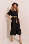 Kadın Siyah Düğmeli Eteği Fırfırlı Kemerli Kısa Kol Elbise