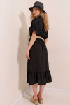 Kadın Siyah Düğmeli Eteği Fırfırlı Kemerli Kısa Kol Elbise