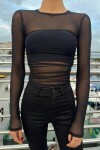 Kadın Siyah Yuvarlak Yaka Yan Büzgülü Tül Bluz